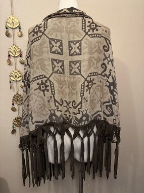 Pineda Covalin Wool Suede Fringe Aztec Geometric Shawl Wrap One Size Brown Tan